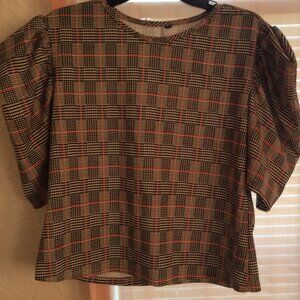 Women Plaid Puffed Shoulder Top